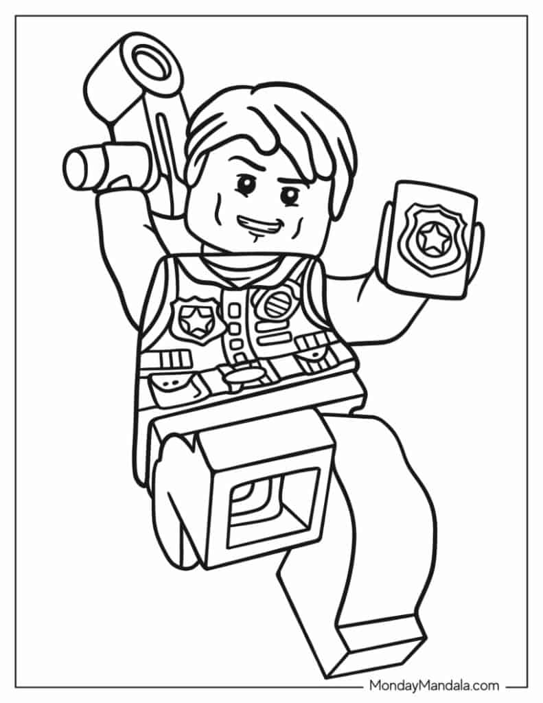 Black-and-white Lego-style minifigure holding shield and tool