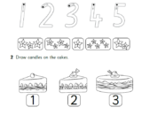Worksheet page showing tracing digits 1 to 5 and five cakes.
