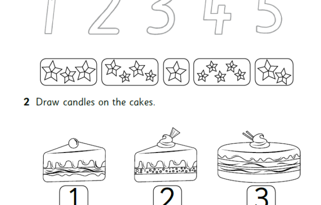 Worksheet page showing tracing digits 1 to 5 and five cakes.