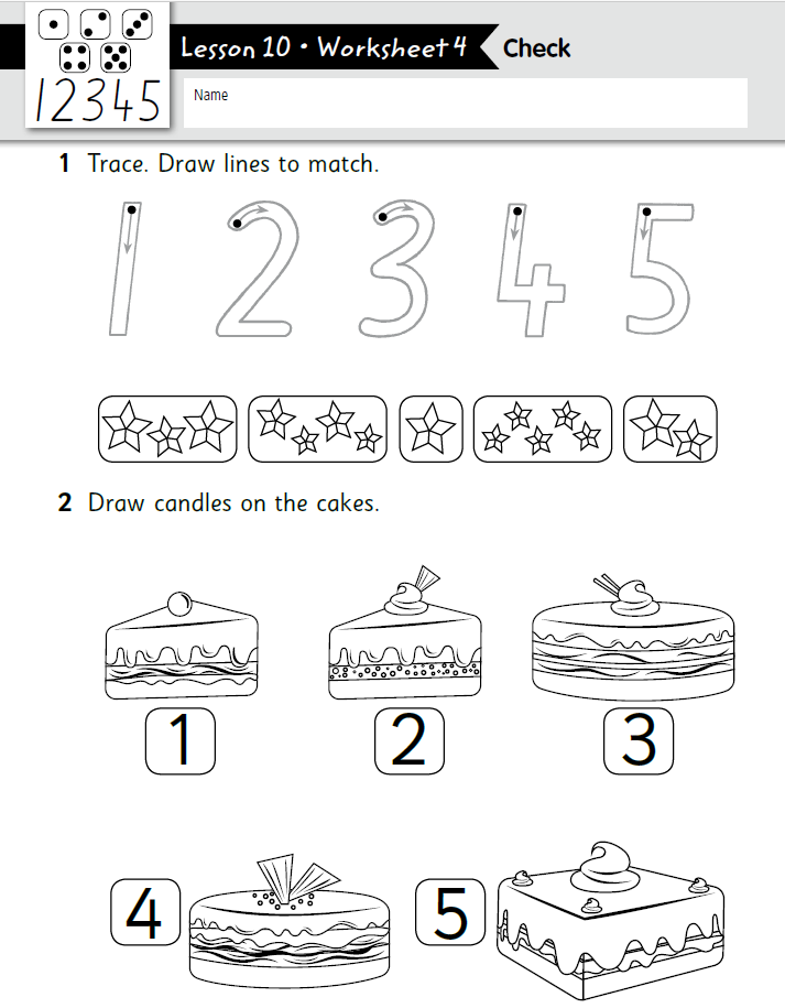 Worksheet page showing tracing digits 1 to 5 and five cakes.