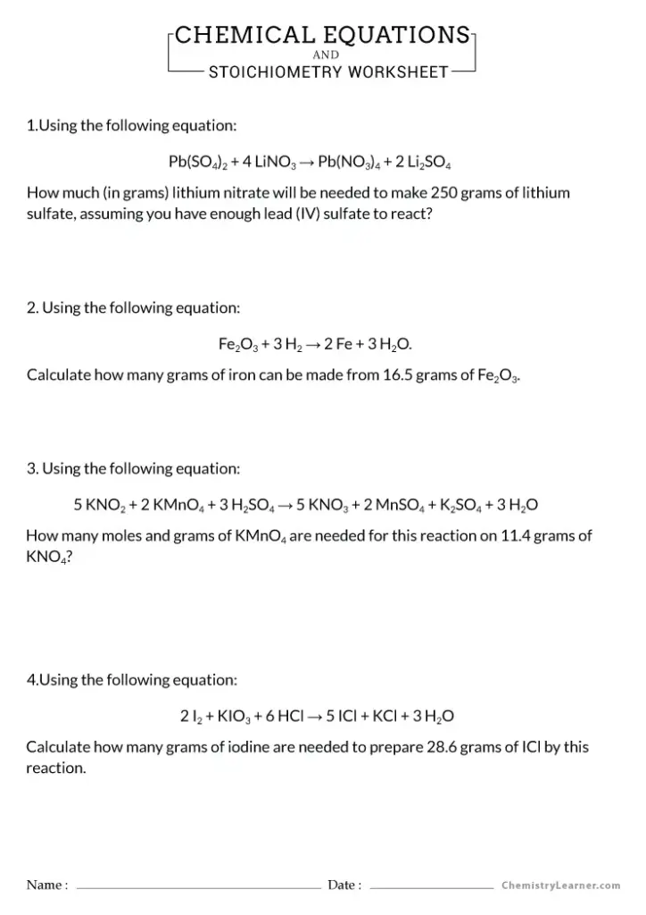 Chemistry stoichiometry worksheet with four reaction problems