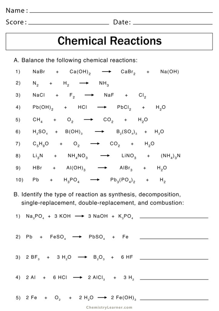 Chemical reactions worksheet with balance equations and reaction types