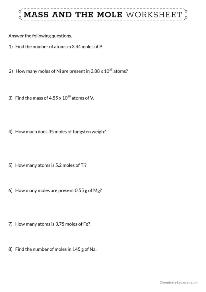 Chemistry worksheet titled Mass and the Mole