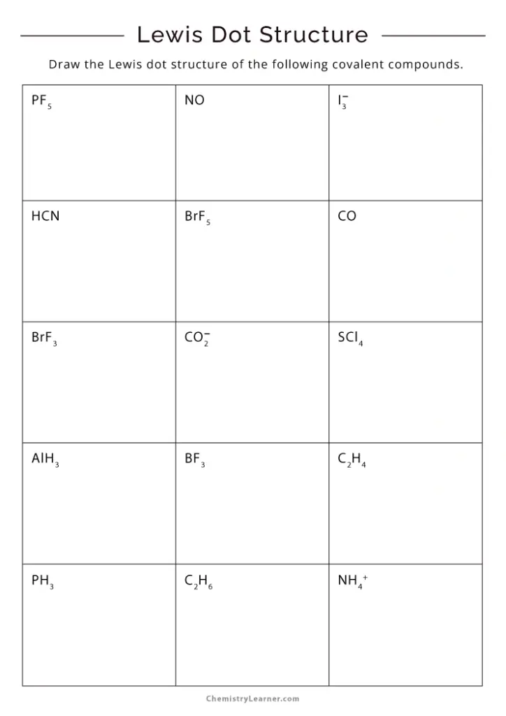 Lewis dot structure chemistry worksheet with compound boxes