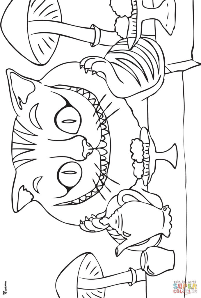 Black-and-white cat coloring page with mushrooms and teapot