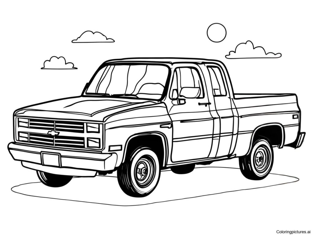 Black-and-white drawing of a pickup truck with clouds and sun