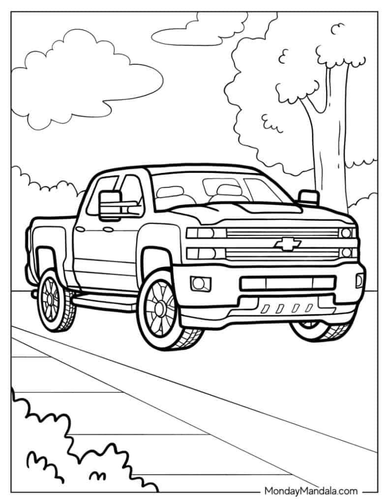 Pickup truck on road with trees and clouds