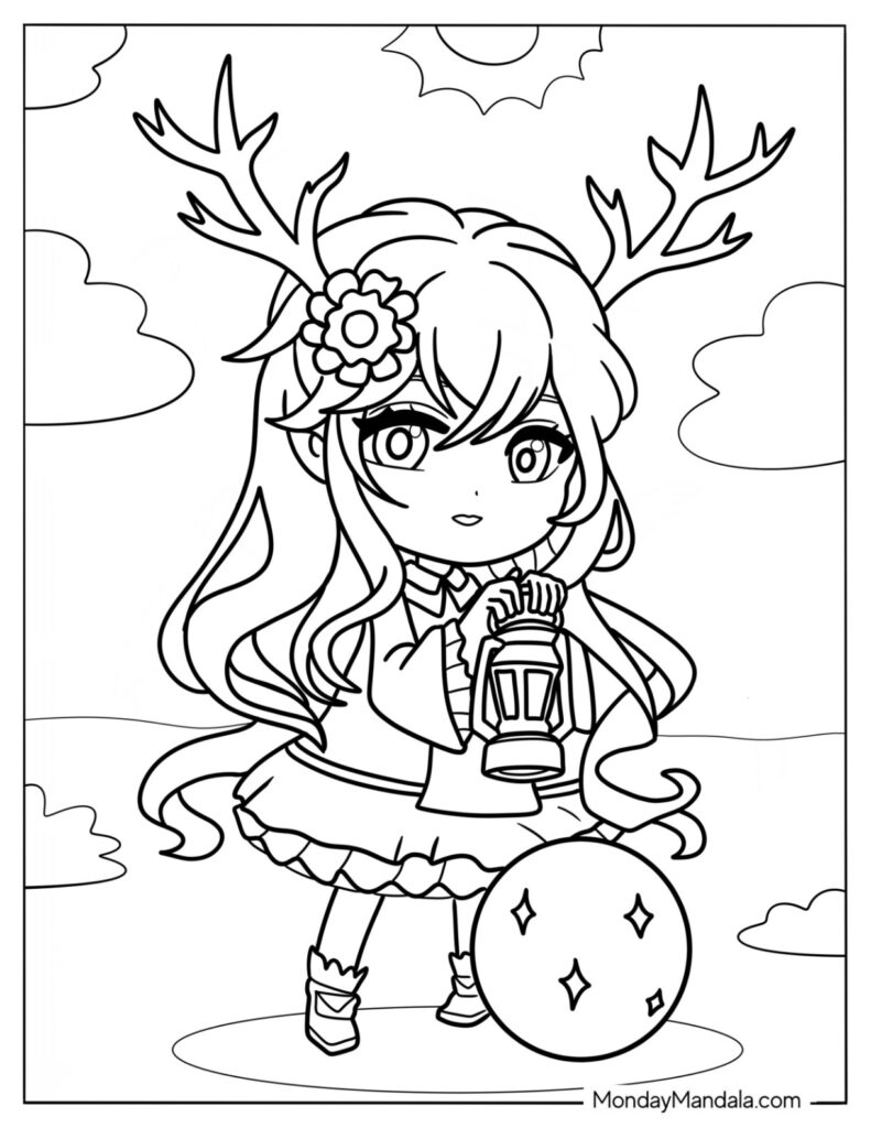 Anime girl with antlers holding a lantern