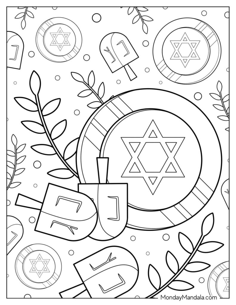 Hanukkah-themed coloring page with dreidels and Stars of David