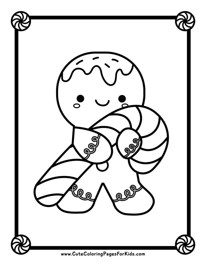 Cute gingerbread man holding striped candy cane