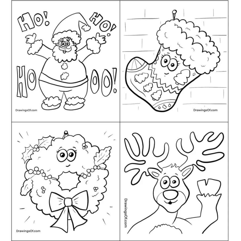 Four Christmas coloring pages with Santa, stocking, wreath, reindeer