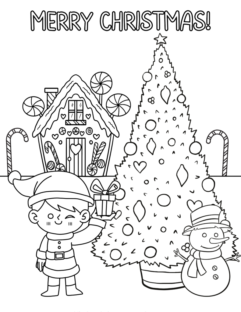 Merry Christmas coloring page with elf, tree, gingerbread house, snowman