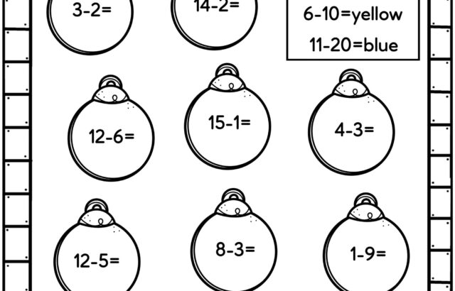 Christmas subtraction worksheet with ornament problems and color code