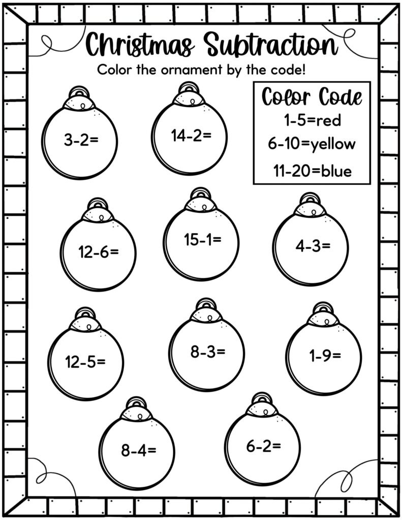 Christmas subtraction worksheet with ornament problems and color code