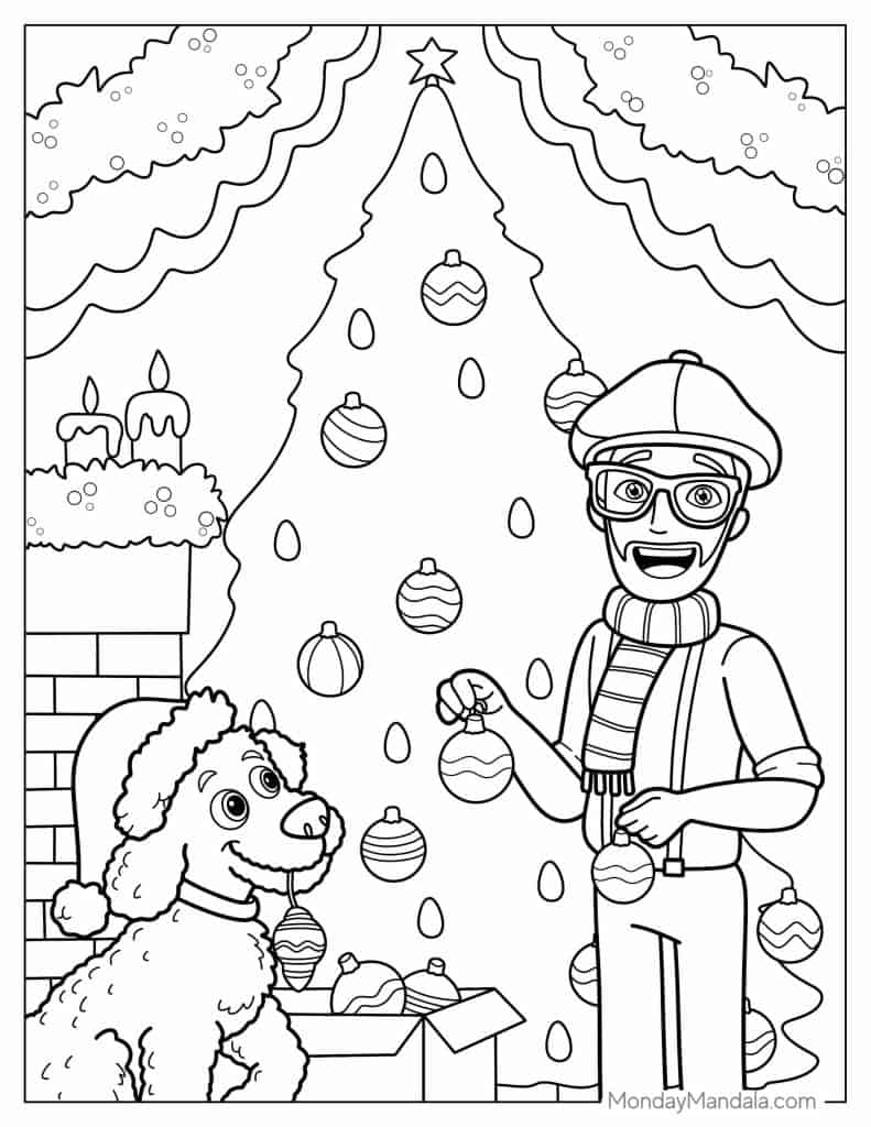 Christmas coloring page with man, dog, tree, and ornaments