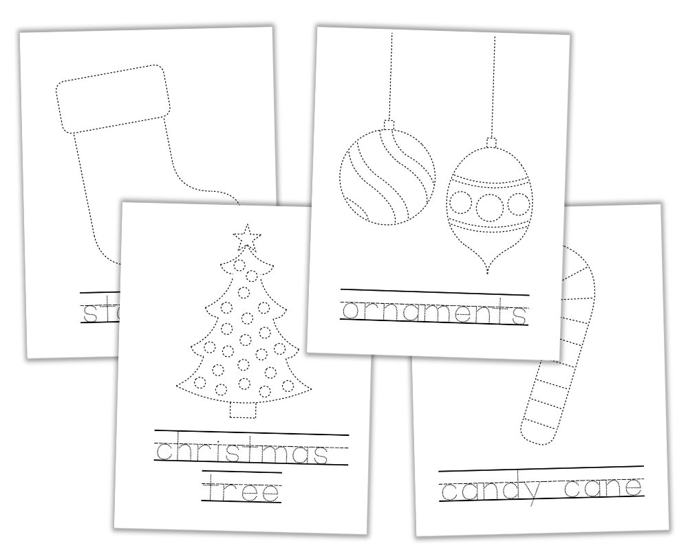 Four holiday tracing worksheets with Christmas images and words