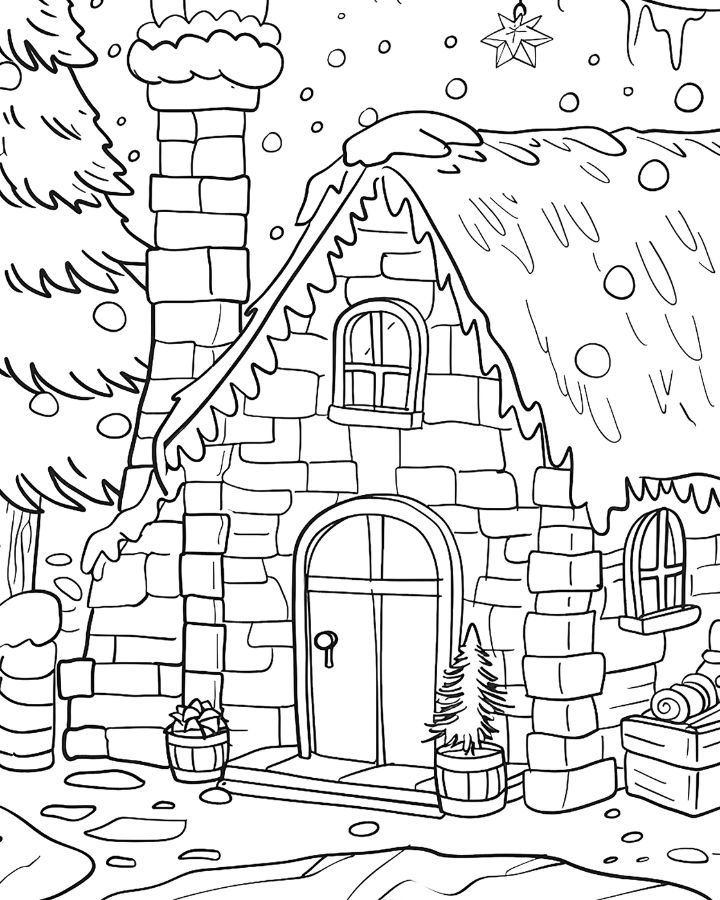 Snow-covered stone cottage with chimney and trees