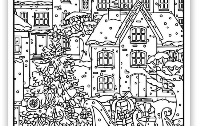 Snowy village with Christmas tree, presents, sleigh, and houses