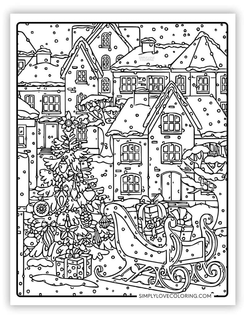 Snowy village with Christmas tree, presents, sleigh, and houses