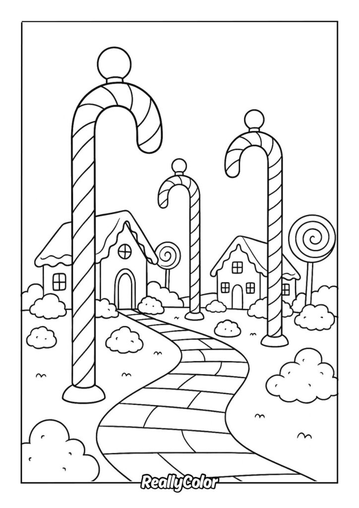 Candy cane village with houses and winding path