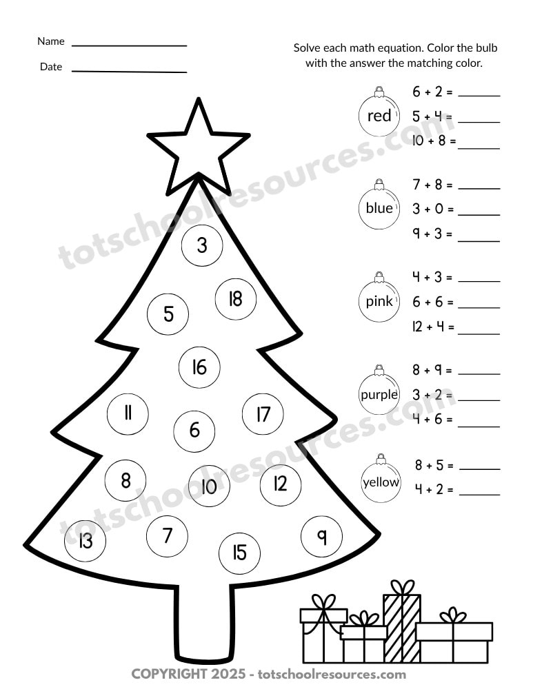 Christmas tree math worksheet with color-by-answer ornaments