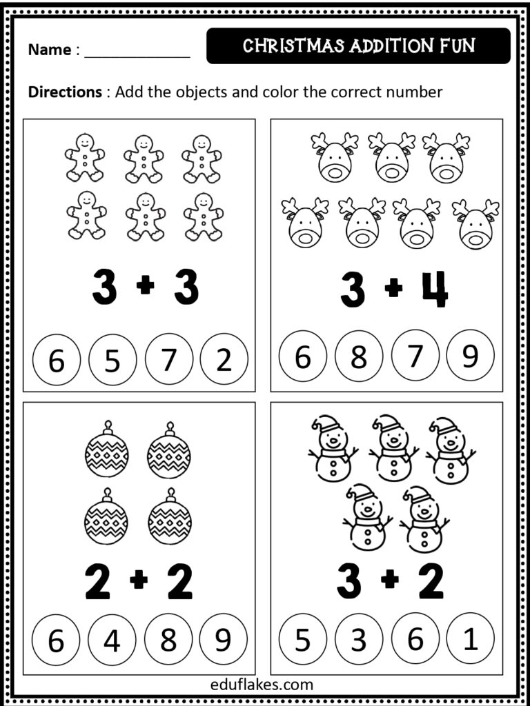 Christmas addition worksheet with gingerbread, reindeer, ornaments, snowmen or patterns