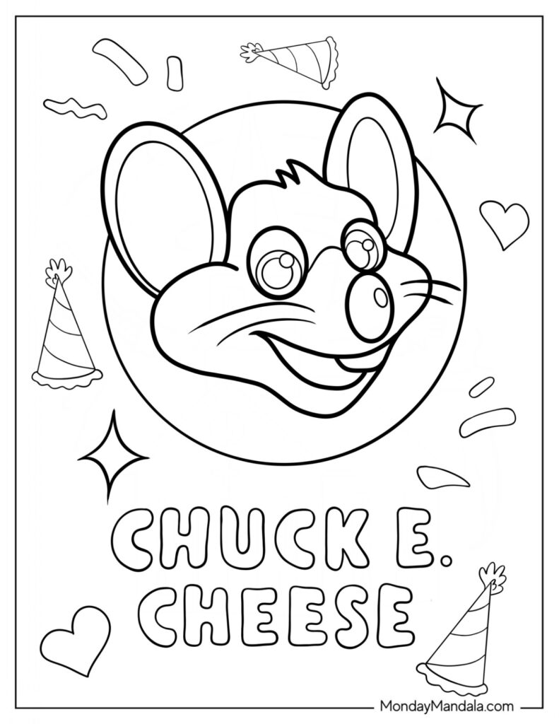 Chuck E. Cheese face coloring page with party hats