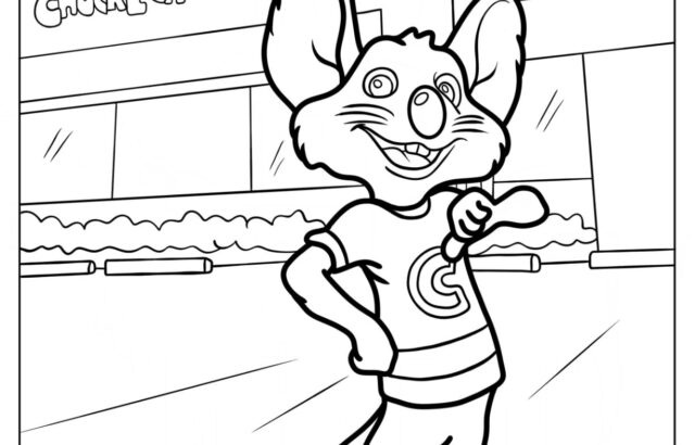 Cartoon mouse mascot standing outside Chuck E. Cheese's