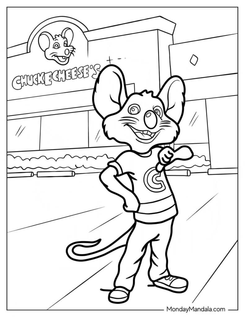Cartoon mouse mascot standing outside Chuck E. Cheese's