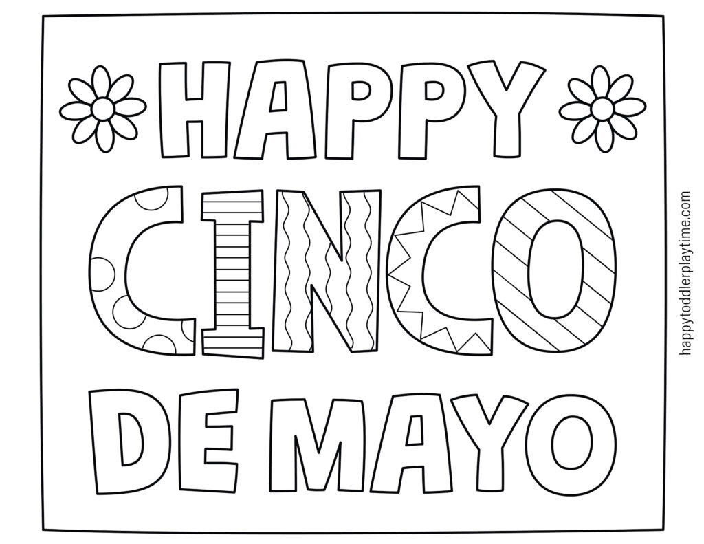 Cinco de Mayo coloring page with large outlined letters and flowers