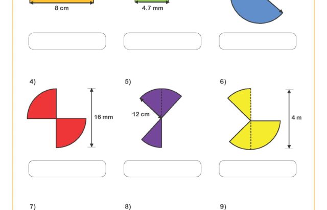 Circle area problems worksheet with nine colored shapes