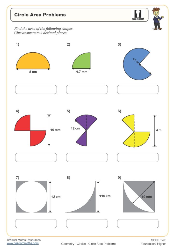 Circle area problems worksheet with nine colored shapes