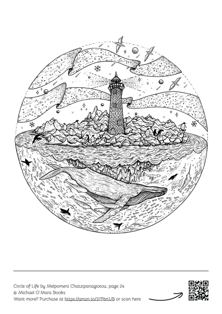 Whale and lighthouse inside circular ocean scene