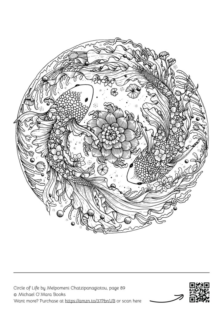 Intricate circular koi fish and flowers line drawing