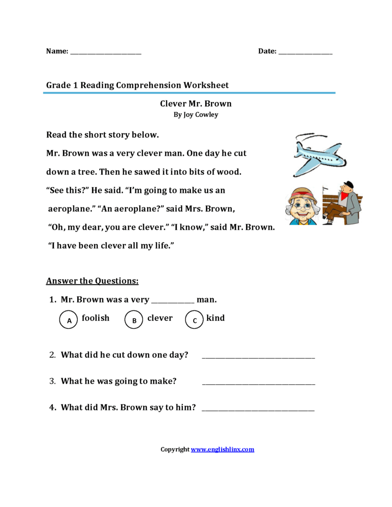 Grade 1 reading comprehension worksheet with story and questions