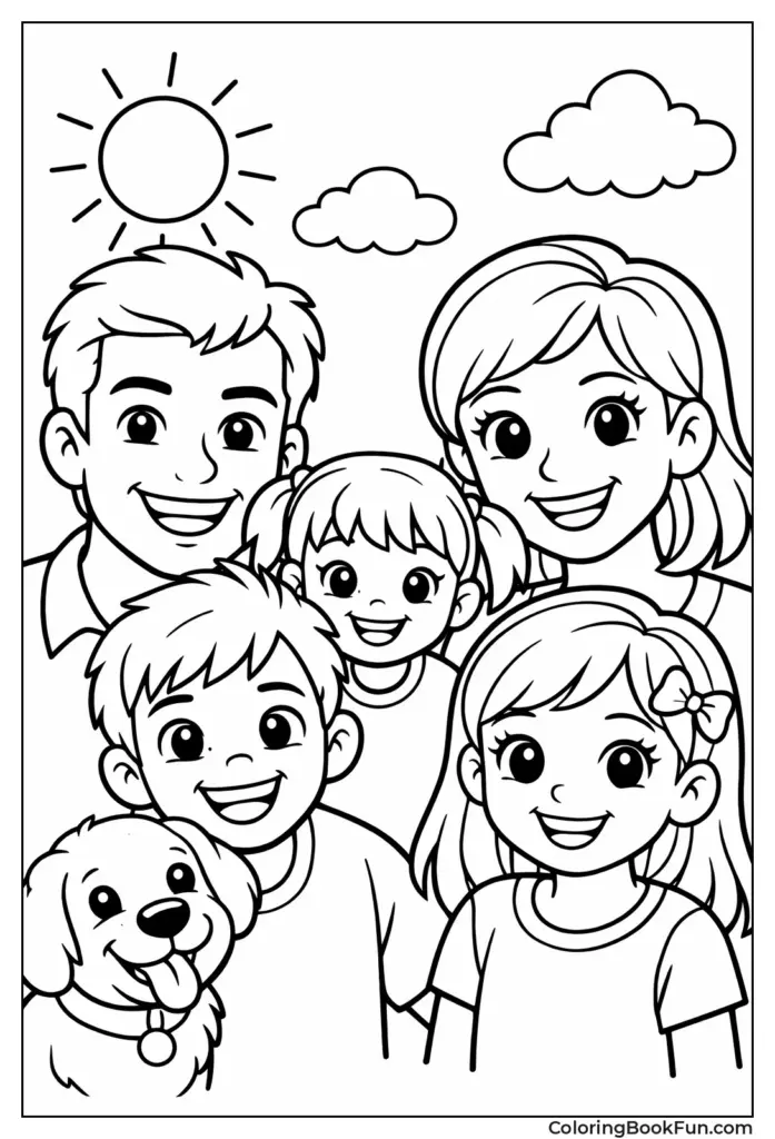Smiling cartoon family with dog under sun and clouds