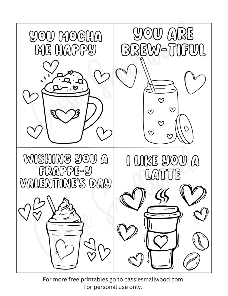 Four coffee-themed Valentine coloring pages with hearts and sayings
