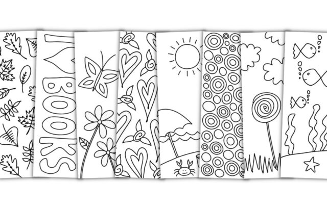 Seven black-and-white coloring bookmarks with doodle designs