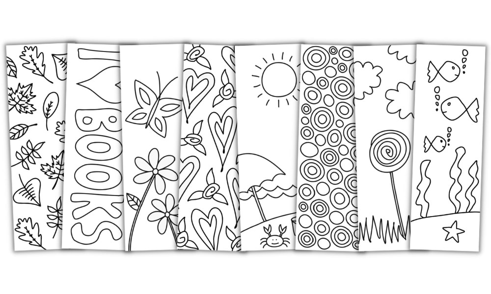 Seven black-and-white coloring bookmarks with doodle designs