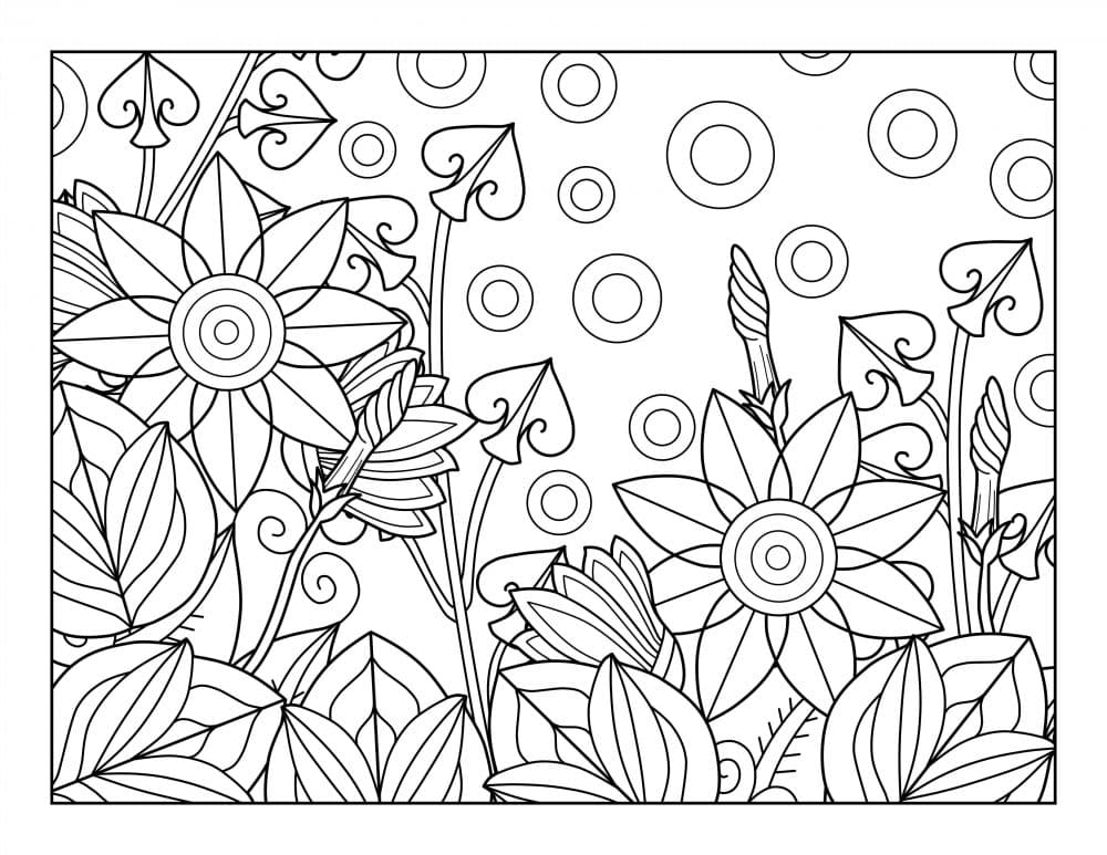 Black-and-white floral coloring page with leaves and circles