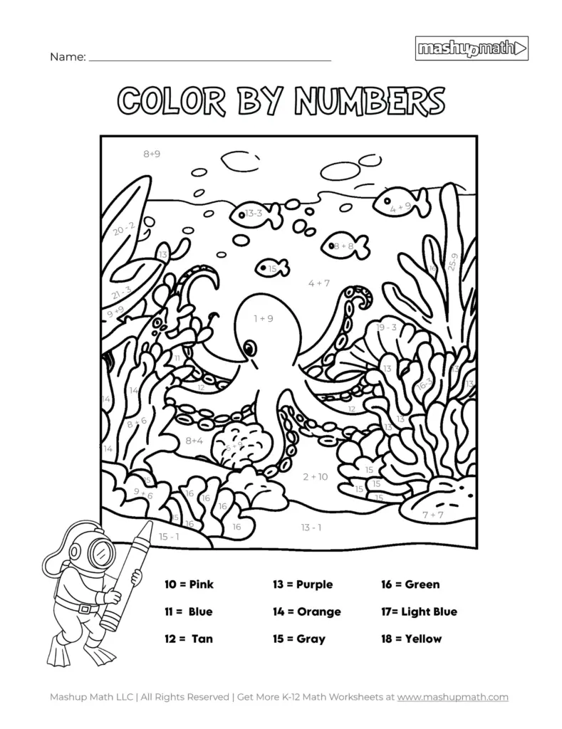 Octopus coloring-by-numbers worksheet with underwater scene