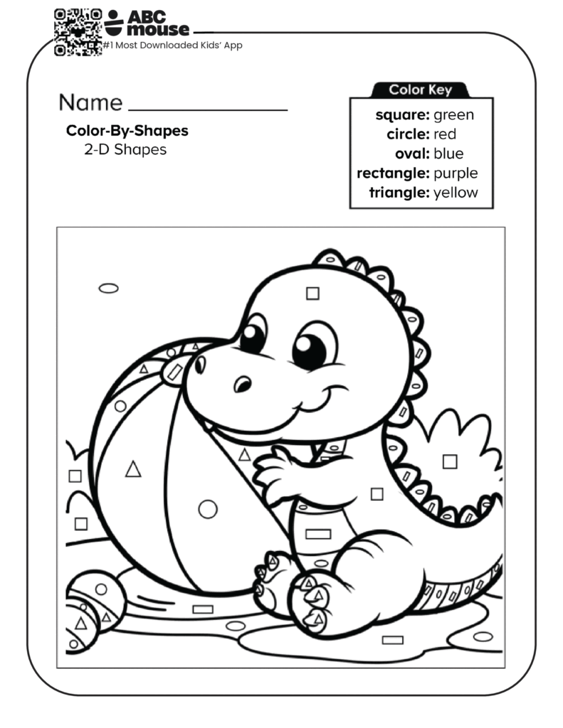Color-by-shapes dinosaur worksheet with color key and drawings