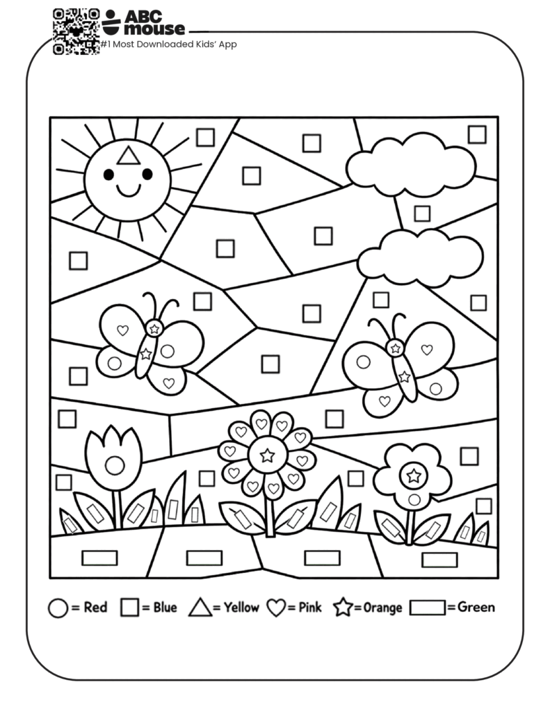 Black-and-white kids coloring worksheet with flowers, butterflies, sun, clouds