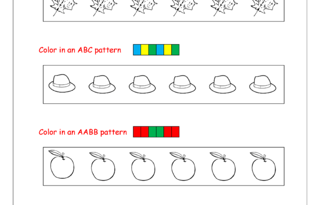 Color patterns worksheet with leaves, hats, apples, acorns