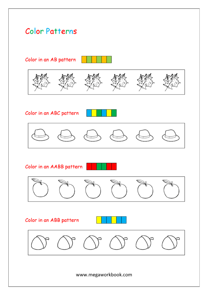 Color patterns worksheet with leaves, hats, apples, acorns