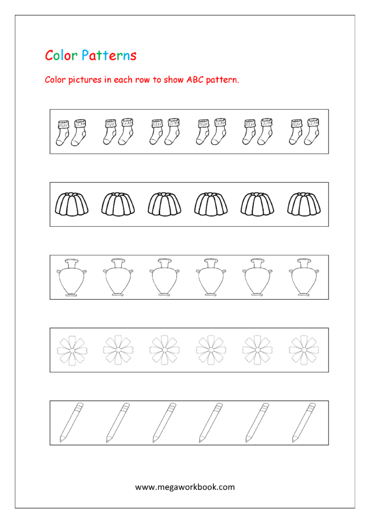 Color patterns worksheet with socks, jelly molds, vases, flowers, pencils
