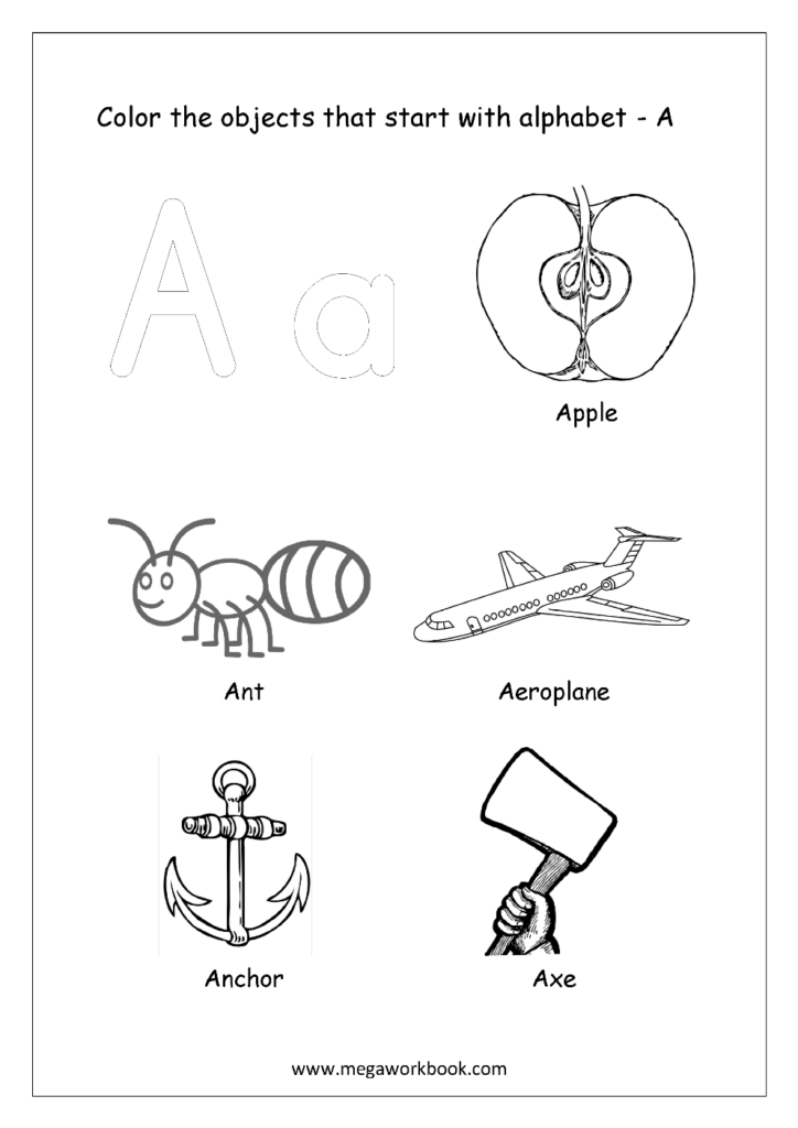 Alphabet A worksheet with apple, ant, plane, anchor, axe