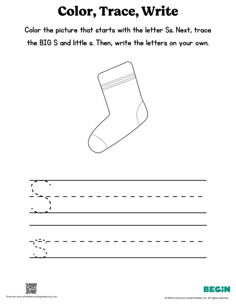 Letter S tracing worksheet with sock illustration