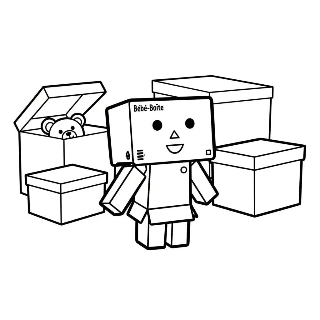 Cartoon box robot beside open teddy bear box