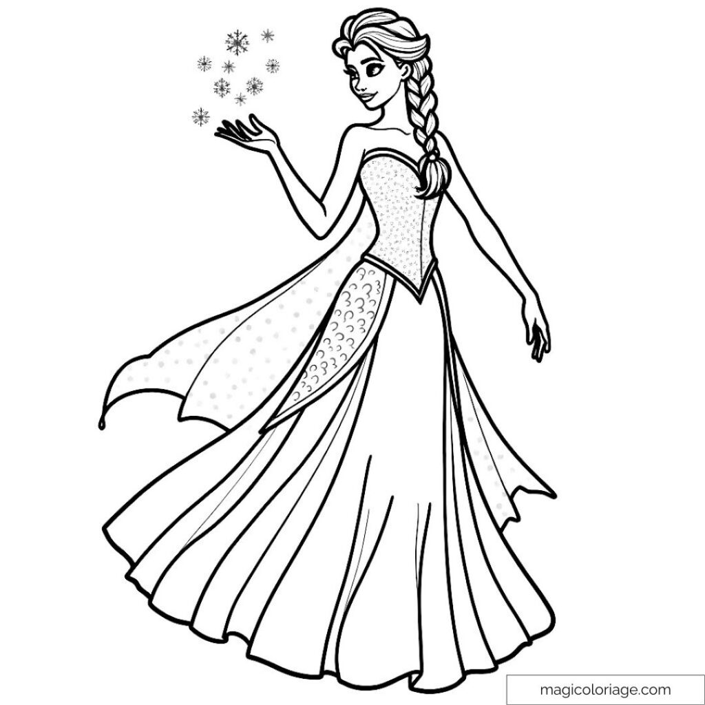 Black-and-white line drawing of a princess holding snowflakes